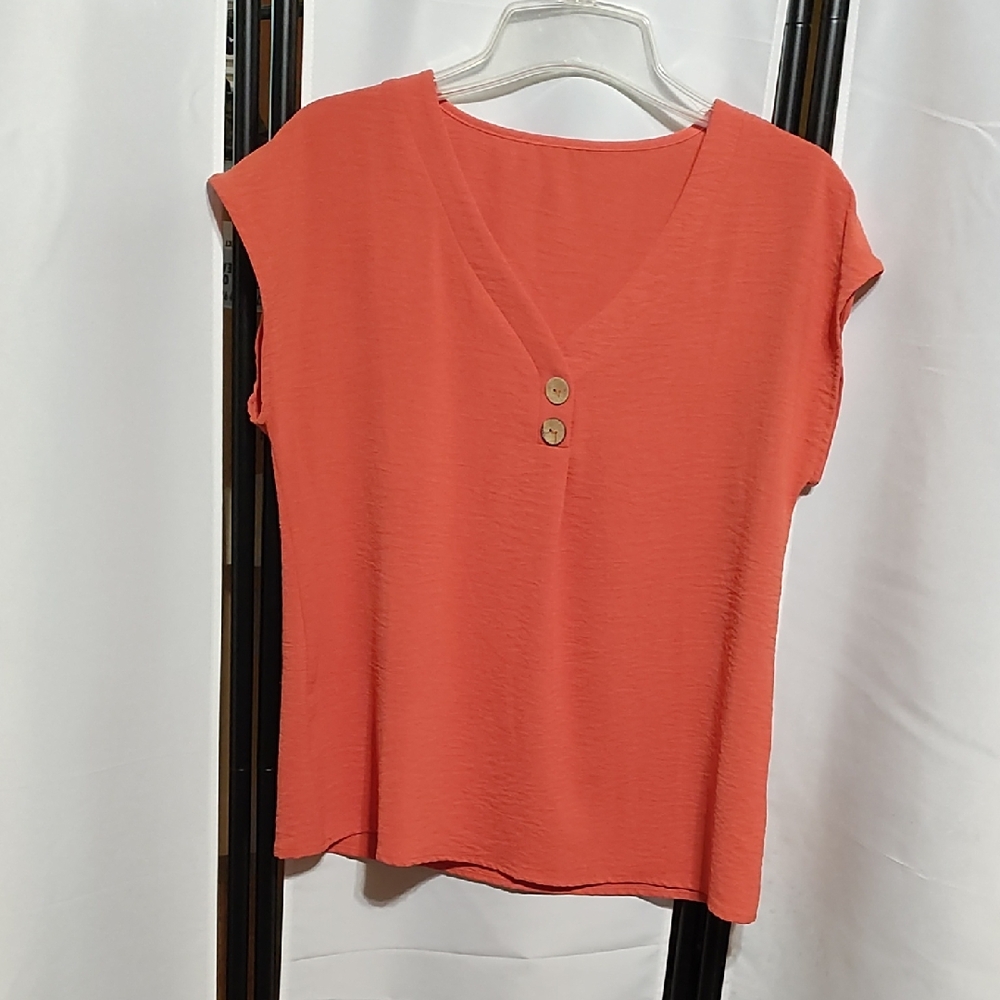 Coral V-Neck Button Blouse With Button Detail.